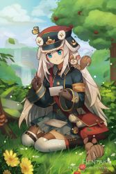 Rule 34 | 1girl, animal, animal on shoulder, artist name, bag, black footwear, blue eyes, blue hat, blue jacket, blue skirt, blue sky, boots, brown gloves, cloud, cloudy sky, commentary, day, dragalia lost, english commentary, envelope, gloves, hair between eyes, hat, hentaki, highres, holding, holding envelope, holding pen, jacket, long hair, long sleeves, messenger bag, nib pen (object), noelle (dragalia lost), o-ring, on grass, outdoors, parted lips, pen, pleated skirt, shoulder bag, silver hair, skirt, sky, solo, squirrel, thighhighs, thighhighs under boots, tree, very long hair, watermark, web address, white thighhighs, wide sleeves