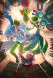 Rule 34 | 1boy, altaria, bird, blue eyes, brown eyes, collared shirt, commentary request, creature, creatures (company), delcatty, fighting stance, floating, game freak, gardevoir, gen 1 pokemon, gen 3 pokemon, green eyes, green pants, highres, holding, holding poke ball, jumping, kikuyoshi (tracco), long sleeves, looking at viewer, magneton, male focus, nintendo, pants, poke ball, poke ball (basic), pokemon, pokemon (creature), pokemon rse, red eyes, roselia (pokemon), shirt, wally (pokemon)