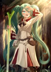 Rule 34 | 1girl, :d, absurdres, aqua eyes, artist name, bad id, bad pixiv id, belt, blurry, blurry foreground, branch, commission, cosplay, curly hair, final fantasy, forest, grass, green hair, hair between eyes, hand up, hatsune miku, highres, holding, holding leaf, leaf, leather bag, long hair, long sleeves, nature, official art, open mouth, pouch, rayleigh scale, robe, smile, solo, spring onion, standing, teeth, tree, tree shade, twintails, upper teeth only, very long hair, vocaloid, white mage (final fantasy), white mage (final fantasy) (cosplay), white robe, wide-eyed
