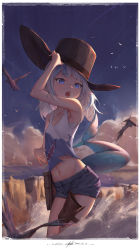 Rule 34 | 1girl, absurdres, bingwei huang, blue eyes, blue hair, cowboy hat, fins, fish tail, gawr gura, gun, handgun, hat, highres, hololive, hololive english, holster, looking at viewer, multicolored hair, open mouth, revolver, shark tail, sharp teeth, solo, streaked hair, tail, teeth, virtual youtuber, waves, weapon, white hair