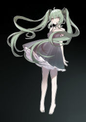 Rule 34 | 1girl, absurdres, ahoge, bare shoulders, barefoot, breasts, closed mouth, collarbone, commentary, dress, full body, gengetsu aya, green hair, grey dress, grey eyes, hair between eyes, hair ornament, hatsune miku, highres, long hair, looking at viewer, medium breasts, simple background, sleeveless, sleeveless dress, smile, solo, twintails, very long hair, vocaloid