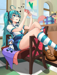 Rule 34 | 1girl, ahoge, aqua eyes, aqua hair, bad id, bad pixiv id, beamed quavers, chair, character doll, checkered floor, floor, gift, hatsune miku, kaito (vocaloid), kneehighs, long hair, musical note, necktie, open mouth, panties, pantyshot, quaver, ribbon, roillingm, sitting, skirt, socks, solo, spring onion, striped clothes, striped socks, twintails, underwear, upskirt, vocaloid, | |