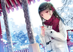 Rule 34 | 1girl, bad id, bad pixiv id, black hair, branch, brown eyes, building, coat, commentary request, hair ornament, highres, holding charm, kobayashi chisato, long hair, open mouth, original, outdoors, overcast, red scarf, scarf, shrine, shrine bell, sky, snow, snowing, solo, standing, tree, white coat, winter, winter clothes, winter coat