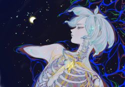 Rule 34 | 1other, afloat, aqua hair, bone, caustics, eclipse, eyelashes, gold, houseki no kuni, light particles, liquid, looking away, night, night sky, nude, other focus, parted lips, partially submerged, phosphophyllite, profile, quanxiahanyan, short hair, sky, solo, star (sky), upper body, water, x-ray