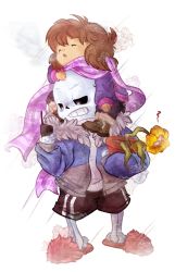 Rule 34 | 1boy, :o, androgynous, ankle boots, black sclera, boots, breath, brown hair, carrying, chestnut mouth, closed eyes, colored sclera, cropped, daffupanda, flower, flower pot, flowey (undertale), frisk (undertale), full body, fume, fur trim, glowing, glowing eyes, holding, holding phone, hood, hooded jacket, hoodie, jacket, long sleeves, md5 mismatch, on head, person on head, phone, piggyback, pink scarf, plant, potted plant, resolution mismatch, sans (undertale), scarf, short hair, shorts, shoulder carry, simple background, skeleton, slippers, source larger, standing, striped clothes, striped sweater, sweater, teeth, turtleneck, undertale, unzipped, white background, winter clothes, zipper