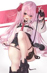Rule 34 | 1girl, :d, belt, black belt, black choker, black footwear, black gloves, black shorts, blush, choker, collared shirt, fingerless gloves, flat chest, gloves, goddess of victory: nikke, hair ribbon, high-waist shorts, highres, holding, holding whip, id card, long hair, mole, mole under mouth, necktie, open mouth, pink hair, purple eyes, red necktie, red ribbon, ribbon, shirt, shirt tucked in, short necktie, shorts, sidelocks, single glove, smile, solo, thigh strap, thighs, tongue, tongue out, twintails, white shirt, yuni (nikke), yuuki tegami, zoom layer