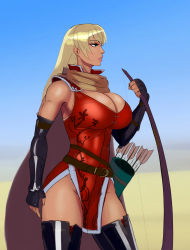 Rule 34 | 1girl, aka6, arrow (projectile), belt, black footwear, black gloves, blonde hair, boots, bow (weapon), breasts, cape, cleavage, dark-skinned female, dark skin, dress, elbow gloves, female focus, fingerless gloves, fire emblem, fire emblem: the binding blade, fire emblem heroes, gloves, highres, holding, holding bow (weapon), holding weapon, igrene (fire emblem), large breasts, lips, lipstick, long hair, makeup, matching hair/eyes, nintendo, quiver, red dress, red lips, shiny skin, short dress, sleeveless, sleeveless dress, solo, sweat, tapr, thigh boots, thighhighs, weapon, yellow eyes, zettai ryouiki