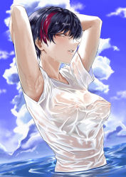Rule 34 | 1girl, arms behind head, black hair, blue sky, blush, breasts, cleavage, cloud, covered erect nipples, day, looking at viewer, multicolored hair, nipples, no bra, ocean, original, outdoors, parted lips, partially submerged, red hair, see-through, short hair, sky, solo, tsukumo nikyu, two side up, wet, wet clothes