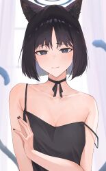 Rule 34 | 1girl, absurdres, animal ear fluff, animal ears, armpit crease, bare shoulders, black camisole, black choker, black hair, blue archive, blunt ends, blush, breasts, bright pupils, camisole, cat ears, cat tail, choker, cleavage, collarbone, commentary request, fingernails, halo, highres, kikyou (blue archive), looking at viewer, nail polish, partial commentary, randouworks, short hair, small breasts, solo, strap slip, tail, upper body