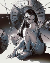 Rule 34 | 1girl, bare legs, between legs, cable, clock, clock hands, commentary, crossed arms, english commentary, fingernails, full body, gantz, greyscale, hand between legs, highres, leotard, long hair, looking at viewer, mitch mohrhauser, monochrome, nose, realistic, shimohira reika, sidelighting, sitting, soles, solo, toes