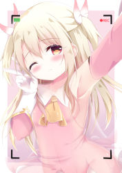 Rule 34 | 1girl, armpits, ascot, blush, bow, breasts, brown ascot, closed mouth, detached sleeves, dress, fate/kaleid liner prisma illya, fate (series), feather hair ornament, feathers, gloves, hair between eyes, hair ornament, hand up, highres, illyasviel von einzbern, light brown hair, long hair, long sleeves, navel, one eye closed, outstretched arm, pink bow, pink dress, pink sleeves, reaching, reaching towards viewer, recording, red eyes, renew vivi, sideboob, small breasts, solo, two-tone background, two side up, v, very long hair, wavy mouth, white background, white feathers, white gloves, x-ray