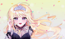 Rule 34 | 1girl, :d, ahoge, blonde hair, blue eyes, blush, breasts, cleavage, commentary, ddangddo, earrings, hand in own hair, highres, hololive, hololive english, jewelry, large breasts, long hair, looking at viewer, mole, mole on breast, official alternate costume, open mouth, petals, smile, solo, tiara, virtual youtuber, watson amelia, wind