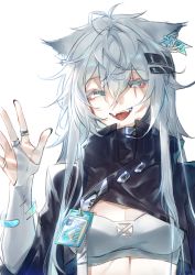 Rule 34 | 1girl, :p, absurdres, animal ear fluff, arknights, black nails, bracelet, breasts, bridal gauntlets, cleavage, crop top, fangs, fingernails, grey hair, high collar, highres, id card, jewelry, lappland (arknights), long fingernails, long hair, looking at viewer, medium breasts, nail polish, photoshop (medium), ring, scar, scar across eye, scar on face, shrug (clothing), simple background, sol, teeth, tongue, tongue out, upper body, upper teeth only, very long hair, waving, white background