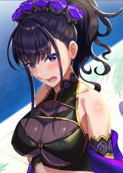 Rule 34 | 1girl, armlet, bare shoulders, beppu mitsunaka, black gloves, black one-piece swimsuit, blush, breasts, collarbone, fate/grand order, fate (series), flower, gloves, gold trim, hair flower, hair ornament, hair up, half gloves, highres, large breasts, long hair, looking at viewer, murasaki shikibu (fate), murasaki shikibu (swimsuit rider) (fate), murasaki shikibu (swimsuit rider) (first ascension) (fate), one-piece swimsuit, open mouth, purple eyes, purple hair, shawl, swimsuit, wavy mouth