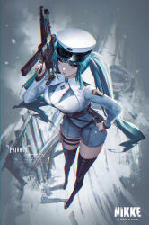 Rule 34 | assault rifle, black footwear, blue hair, boots, breasts, character name, copyright name, drill hair, goddess of victory: nikke, gun, hand on own thigh, hat, high heel boots, high heels, highres, holding, holding gun, holding weapon, holster, krisedge, large breasts, long hair, looking at viewer, military hat, military uniform, peaked cap, privaty (nikke), rifle, thigh boots, twintails, uniform, very long hair, vkm criss, weapon, white headwear, yellow eyes