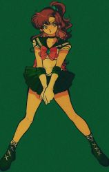 Rule 34 | 1girl, bishoujo senshi sailor moon, bow, brown hair, green background, green eyes, green footwear, green skirt, kino makoto, legs, magical girl, pikurusu, pink bow, retro artstyle, sailor jupiter, skirt, solo