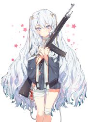Rule 34 | 1girl, artist request, assault rifle, automatic rifle, bandaged leg, bandaged neck, bandages, bare shoulders, blue eyes, blush, chauchat-ribeyrolles 1918, cowboy shot, dress, expressionless, girls&#039; frontline, gun, highres, intravenous drip, long hair, looking at viewer, multicolored hair, hugging object, ribeyrolles (girls&#039; frontline), ribeyrolles 1918, rifle, short dress, solo, source request, star (symbol), starry background, very long hair, wavy hair, weapon, white hair