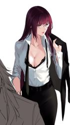 Rule 34 | 1girl, alternate costume, bad id, bad twitter id, belt, belt buckle, bespectacled, bra, breasts, buckle, business suit, cleavage, collarbone, dress shirt, fate/grand order, fate (series), formal, glasses, holding, holding clothes, holding jacket, jacket, large breasts, lips, long hair, long sleeves, looking to the side, necktie, open clothes, open shirt, pencil skirt, purple hair, red eyes, reroi, scathach (fate), shirt, simple background, skirt, solo, suit, underwear, untied, white background