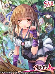 Rule 34 | 1girl, alice in wonderland, all fours, amayofuu, angel beats!, animal ears, blonde hair, brown eyes, card, cat ears, cheshire cat (alice in wonderland), cheshire cat (cosplay), cosplay, fingerless gloves, gloves, headphones, long hair, playing card, solo, thighhighs, twintails, yusa (angel beats!)