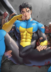 Rule 34 | 1boy, abs, absurdres, bara, black bodysuit, black hair, blood, blood on face, bodysuit, brown hair, bulge, covered abs, covered erect nipples, covered navel, erection, erection under clothes, highres, injury, invincible (character), invincible (series), large pectorals, looking at viewer, male focus, muscular, muscular male, on floor, outdoors, pectorals, short hair, sitting, solo, spread legs, suyohara, thick thighs, thighs, torn bodysuit, torn clothes