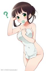 Rule 34 | 1girl, 2016, ?, artist name, blunt bangs, blush, breasts, brown hair, closed mouth, collarbone, commentary request, condom, condom in mouth, covered navel, covering privates, cowboy shot, dated, gochuumon wa usagi desu ka?, green eyes, groin, hair bun, hand in own hair, highres, holding, holding towel, large breasts, looking at viewer, mouth hold, naked towel, neki (wakiko), nude cover, rubber day, short hair, short hair with long locks, sidelocks, simple background, single hair bun, smile, solo, standing, towel, twitter username, ujimatsu chiya, white background, white towel