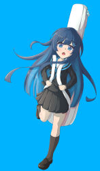 Rule 34 | 1girl, :o, absurdres, alternate costume, asymmetrical sidelocks, black bow, black footwear, black socks, blue background, blue eyes, blue hair, blue sailor collar, blush, bow, cevio, colored inner hair, futaba minato, guitar case, hair ornament, hairclip, heihei (user uuwc3553), highres, holding, instrument case, kneehighs, long sleeves, looking at viewer, multicolored hair, open mouth, pleated skirt, sailor collar, school uniform, simple background, skirt, socks, solo, tongue