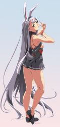 Rule 34 | 1girl, :p, absurdres, animal ears, arms up, ass, azur lane, bikini, bikini bottom only, bikini over clothes, black footwear, black skirt, breasts, brown eyes, from behind, full body, hairband, highres, kneepits, legs, long hair, looking at viewer, looking back, miniskirt, pleated skirt, rabbit ears, rabbit girl, rabbit tail, shimakaze (azur lane), shoes, sideboob, skirt, small breasts, smile, solo, swimsuit, tail, thighs, tongue, tongue out, umyonge (lkakeu), v, very long hair, white hair