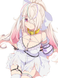 Rule 34 | 1girl, absurdres, aqua hair, blonde hair, breasts, cleavage, commentary request, detached sleeves, dress, garter straps, gradient hair, hair over one eye, highres, kichihachi, kulaku lie, large breasts, long hair, looking at viewer, multicolored hair, pink eyes, pink hair, purple hair, purple sleeves, re:act, simple background, sitting, solo, virtual youtuber, white background, white dress, yellow collar