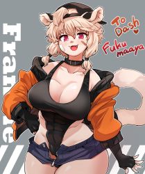 Rule 34 | 1girl, abs, ahoge, animal ears, bandage on face, bandages, bandaid, bandaid on face, bare shoulders, baseball cap, blonde hair, blue legwear, brown hat, character request, closed mouth, collarbone, commentary request, commission, contrapposto, copyright request, cowboy shot, elbow gloves, fangs, fingerless gloves, fukumaaya, gloves, grey background, hair between eyes, hand on own hip, hat, heart, highres, long hair, long sleeves, looking at viewer, low-tied long hair, medium hair, open hand, outstretched arm, red eyes, short shorts, shorts, simple background, skeb commission, solo, tail, thick thighs, thighs, unzipped