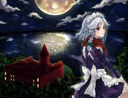 Rule 34 | 1girl, apron, bad id, bad pixiv id, blue eyes, bow, braid, facing away, forest, full moon, hair bow, highres, island, izayoi sakuya, juliet sleeves, lake, crossed legs, long sleeves, maid headdress, moon, nature, nekushiro, night, outdoors, perfect cherry blossom, puffy sleeves, reflection, scarf, scarlet devil mansion, shore, short hair, silver hair, skirt, skirt set, sky, smile, solo, star (sky), starry sky, touhou, twin braids, waist apron