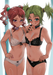 Rule 34 | 2girls, absurdres, blush, breasts, choker, commentary, droite (tales), english commentary, gauche (tales), green eyes, green hair, green nails, hair ornament, hair rings, hand on own hip, highres, indoors, large breasts, looking at viewer, multiple girls, nail polish, navel, panties, red eyes, red hair, red nails, short hair, sidelocks, small breasts, smile, tales of (series), tales of vesperia, tongue, tongue out, twintails, underwear, zd (pixiv6210083)