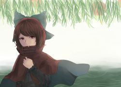 Rule 34 | 1girl, black shirt, bow, cape, expressionless, fog, hair bow, hand up, khylimei, lantern, long sleeves, looking at viewer, paper lantern, red eyes, red hair, red pupils, sekibanki, shirt, short hair, solo, touhou, upper body, willow