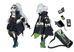 Rule 34 | 1girl, aek-999 (girls&#039; frontline), bag, black coat, black gloves, black pantyhose, blue dress, blue footwear, cellphone, character name, character sheet, clothes writing, coat, colored shoe soles, commentary request, digital media player, dress, duffel bag, full body, girls&#039; frontline, gloves, goggles, goggles on head, green coat, grey hair, high heel sneakers, ipod, ipod nano, long hair, looking at viewer, m/, multiple views, official art, one eye closed, pantyhose, phone, plaid, plaid dress, pouch, ran (bukeranwu), shirt, simple background, smartphone, smartphone case, standing, two-sided coat, two-sided fabric, v, very long hair, wallet, white background, white shirt, yellow eyes