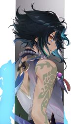Rule 34 | 1boy, absurdres, arm tattoo, bead necklace, beads, black hair, blue hair, commentary request, from side, genshin impact, highres, jewelry, looking at viewer, makeup, male focus, multicolored hair, necklace, orange eyes, profile, seicoh, simple background, sleeveless, solo, tassel, tattoo, upper body, xiao (genshin impact)