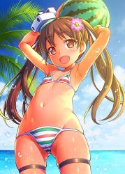 Rule 34 | 10s, 1girl, :d, armpits, arms up, bad id, bad twitter id, ball, beachball, bikini, blue sky, blush, brown eyes, cameltoe, cleft of venus, cloud, collarbone, colored stripes, covered erect nipples, cowboy shot, dark-skinned female, dark skin, day, fang, flat chest, flower, gluteal fold, hair flower, hair ornament, hat, holding, holding ball, horizon, inactive account, kantai collection, libeccio (kancolle), looking at viewer, mini hat, navel, ninihat, ocean, open mouth, palm tree, pink flower, plant, red eyes, skindentation, sky, smile, solo, splashing, stomach, striped bikini, striped clothes, swimsuit, thigh strap, tooth, tree, uousa-ou, water, water drop, watermelon ball, white hat