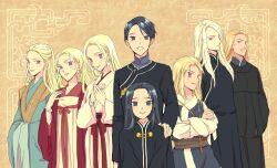 Rule 34 | 3girls, 5boys, :d, aged up, black hair, black robe, blonde hair, blue eyes, blush, bracelet, brown background, changpao, chinese clothes, closed mouth, cowboy shot, crossed arms, dual persona, earrings, enki (juuni kokuki), hair pulled back, half updo, hand on another&#039;s shoulder, hand up, hands in opposite sleeves, hands up, hanrin (juuni kokuki), highres, itoyoshi (koiyuri), jewelry, juuni kokuki, keiki (juuni kokuki), kyouki (juuni kokuki), lineup, long hair, long sleeves, looking at viewer, multiple boys, multiple girls, necklace, open mouth, orange hair, own hands together, parted bangs, purple eyes, renrin (juuni kokuki), robe, sairin (juuni kokuki), sash, shawl, sidelocks, sideways glance, sleeves rolled up, smile, swept bangs, taiki (juuni kokuki), white robe
