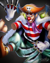 Rule 34 | 1boy, absurdres, artist name, blue hair, buggy the clown, clenched teeth, clown nose, commentary, english commentary, epaulettes, facepaint, facial hair, gloves, hat, highres, holding, holding knife, holding weapon, jolly roger, knife, makeup, male focus, moboro123 (lintunen), one piece, pirate hat, purple scarf, red nose, scarf, shirt, short sleeves, skull and crossbones, smile, solo, striped clothes, striped shirt, teeth, watermark, weapon, web address, white gloves