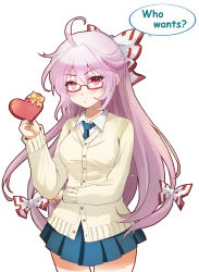 Rule 34 | 1girl, ahoge, alternate costume, bespectacled, blue necktie, blue skirt, bow, box, buttons, cardigan, commentary request, cowboy shot, fujiwara no mokou, gift, gift box, glasses, hair bow, heart-shaped box, highres, jokanhiyou, long hair, long sleeves, looking at viewer, miniskirt, necktie, pink hair, pleated skirt, red-framed eyewear, red eyes, school uniform, simple background, skirt, solo, touhou, valentine, very long hair, white background
