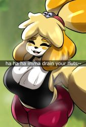 Rule 34 | 1girl, animal crossing, animal ears, arm up, ass, bike shorts, breasts, cleavage, closed eyes, doeswhatever, dog ears, english text, female focus, furry, furry female, happy, highres, huge ass, huge breasts, isabelle (animal crossing), nintendo, ponytail, selfie, shorts, smile, snapchat, solo, sweat