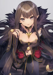 Rule 34 | 1girl, bad id, bad pixiv id, between breasts, black dress, black eyes, breasts, bridal gauntlets, brown hair, cleavage, collarbone, commentary request, coyucom, dress, fate/apocrypha, fate (series), fur trim, grey background, head tilt, long hair, looking at viewer, medium breasts, parted lips, pointy ears, semiramis (fate), simple background, solo, v-shaped eyebrows, very long hair