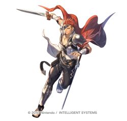 Rule 34 | bag, cape, collared shirt, eyepatch, facial hair, fire emblem, fire emblem echoes: shadows of valentia, fire emblem heroes, floating cape, full body, goatee, holding, holding sword, holding weapon, leather belt, leather strap, male focus, muscular, muscular male, nintendo, official alternate costume, official art, pectorals, red hair, saber (fire emblem), sandals, satchel, shimomura watari, shirt, solo, sword, weapon