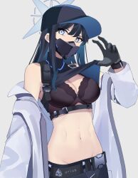 Rule 34 | absurdres, armband, baseball cap, belt, black belt, black bra, black gloves, black hair, black hat, black mask, black pants, black shirt, blue archive, blue eyes, bra, breasts, buckle, chest harness, cleavage, clothes lift, coat, crop top, gar32, gloves, halo, harness, hat, highres, lace, lace-trimmed bra, lace trim, lifted by self, long hair, mask, medium breasts, midriff, mouth mask, pants, saori (blue archive), shirt, shirt lift, sleeveless, sleeveless shirt, snap-fit buckle, underwear, white coat