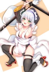 Rule 34 | 1girl, :d, absurdres, black thighhighs, breasts, cleavage, commission, cosplay, detached sleeves, green eyes, grey hair, highres, holding, holding sword, holding weapon, iroha (samurai spirits), iroha (samurai spirits) (cosplay), kneeling, konpaku youmu, konpaku youmu (ghost), looking at viewer, maid, maid headdress, maid leotard, medium breasts, multiple swords, nipple slip, nipples, on one knee, open mouth, pixiv commission, red footwear, samurai spirits, shirotsuki shirone, short hair, smile, solo, sword, thighhighs, toeless legwear, touhou, unconventional maid, weapon, wide sleeves