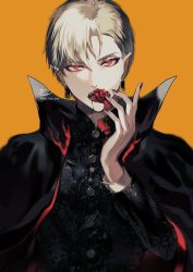 Rule 34 | 1boy, black cape, black shirt, blonde hair, blood, blood from mouth, brown nails, buttons, cape, earrings, eyeliner, eyeshadow, fang, fang out, fangs, fate/extra, fate/extra ccc, fate/grand order, fate/hollow ataraxia, fate/stay night, fate/strange fake, fate/zero, fate (series), floral print, flower, gilgamesh (fate), halloween, halloween costume, hand up, highres, holding, holding flower, jewelry, looking at viewer, makeup, male focus, nail polish, open mouth, orange background, petals, red cape, red eyes, red flower, red rose, rose, rose petals, sakura hitsuji, shirt, short hair, slit pupils, solo, teeth, twitter username, two-tone cape, upper body, vampire, vampire costume