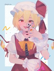Rule 34 | 1girl, :p, adapted costume, black nails, blonde hair, blue background, blush, bow, bowtie, commentary, crossed bangs, crystal, english commentary, fangs, fingernails, flandre scarlet, frilled shirt collar, frills, hair between eyes, hand up, hat, heart, highres, holding, holding phone, long fingernails, majime joe, mob cap, multicolored nails, nail polish, orange bow, orange bowtie, phone, red eyes, red nails, red skirt, red vest, selfie, short hair, simple background, skirt, skirt set, solo, tongue, tongue out, touhou, twitter username, upper body, vest, wings