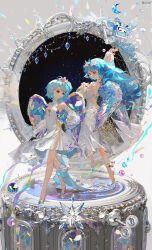 Rule 34 | 2girls, anklet, arm up, barefoot, bili girl 22, bili girl 33, bilibili, black gloves, blue hair, closed mouth, commentary request, crystal wings, detached sleeves, dress, full body, gloves, highres, jewelry, long hair, looking at another, multiple girls, red eyes, see-through, see-through sleeves, siblings, sisters, sleeveless, sleeveless dress, smile, tiara, white dress, wu xiao xian, xiao dianshi