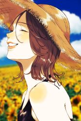 Rule 34 | 1girl, bare shoulders, black shirt, blush, brown hair, closed eyes, cloud, commentary, day, facing away, field, flower, flower field, from side, halterneck, hat, highres, nose blush, open mouth, original, outdoors, shim 46, shirt, short hair, shoulder blush, simple background, sky, smile, solo, straw hat, sun hat, sunflower, sunflower field, teeth, upper body, yellow flower