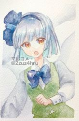 Rule 34 | 1girl, 2zuz4hru, artist name, blue bow, blue hairband, blue ribbon, bow, collared shirt, green skirt, green vest, hairband, konpaku youmu, konpaku youmu (ghost), long sleeves, painting (medium), portrait, ribbon, serious, shirt, short hair, skirt, straight hair, touhou, traditional media, twitter username, vest, watercolor (medium), white hair