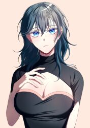 Rule 34 | 1girl, a (asan a aa), absurdres, black shirt, blue eyes, blue hair, breasts, byleth (female) (fire emblem), byleth (fire emblem), cleavage, commentary request, fire emblem, fire emblem: three houses, hand on own chest, highres, large breasts, long hair, looking at viewer, nintendo, shirt, short sleeves, simple background, solo, upper body