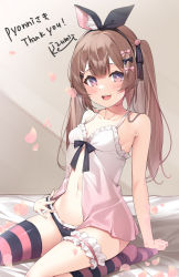 Rule 34 | 1girl, arm support, babydoll, black panties, blunt bangs, blush, breasts, brown hair, collarbone, commentary request, commission, dot nose, grey background, hairband, head tilt, headband, highres, izumi kei, kneehighs, looking at viewer, navel, open mouth, panties, purple eyes, shadow, sidelocks, single kneehigh, single sock, single thighhigh, skeb commission, sleeveless, small breasts, socks, solo, star-shaped pupils, star (symbol), symbol-shaped pupils, tareme, thigh strap, thighhighs, translation request, two side up, underwear